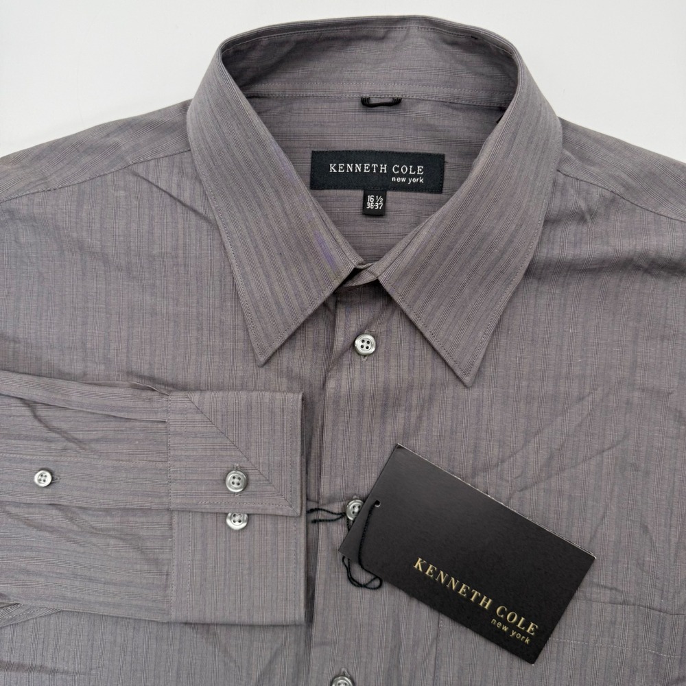 Kenneth Cole Dress Shirt Mens 16.5 36/37 Grey Textured Stripe Cotton Long Sleeve